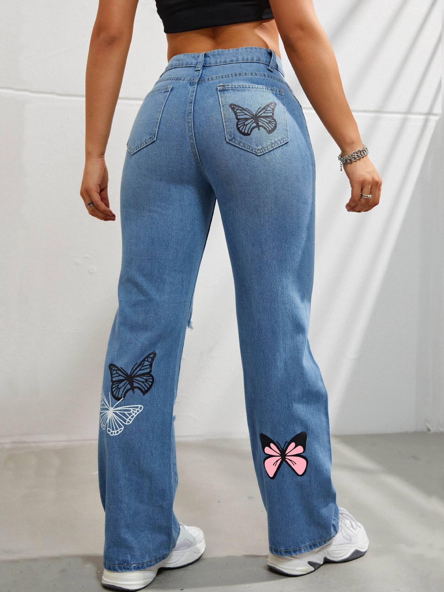 Women Trendy Butterfly Print Ripped Distressed Denim Pants