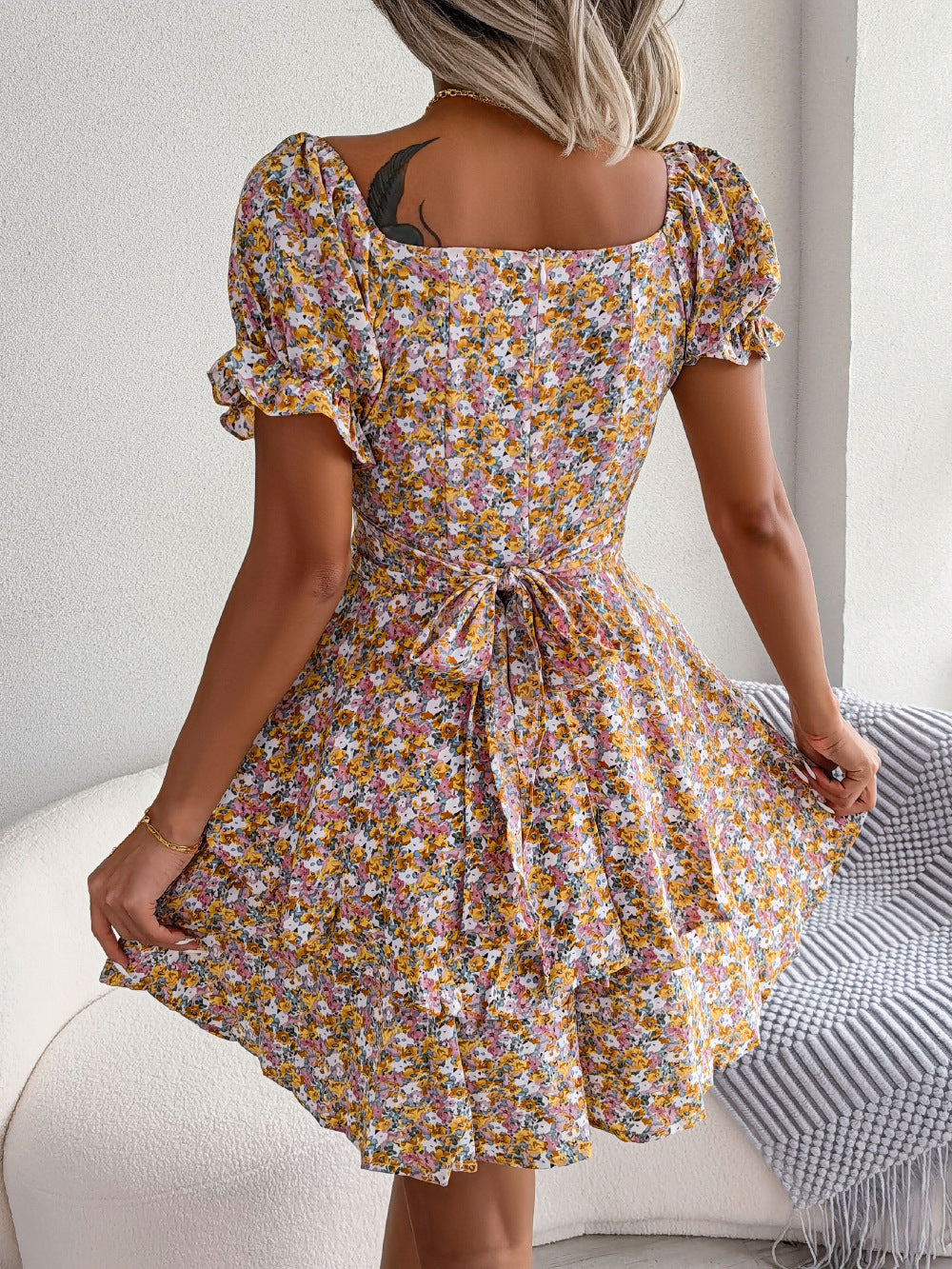 Women Mini Dress Temperament Big Swing Loose Hem Flower Print Shirring Dress