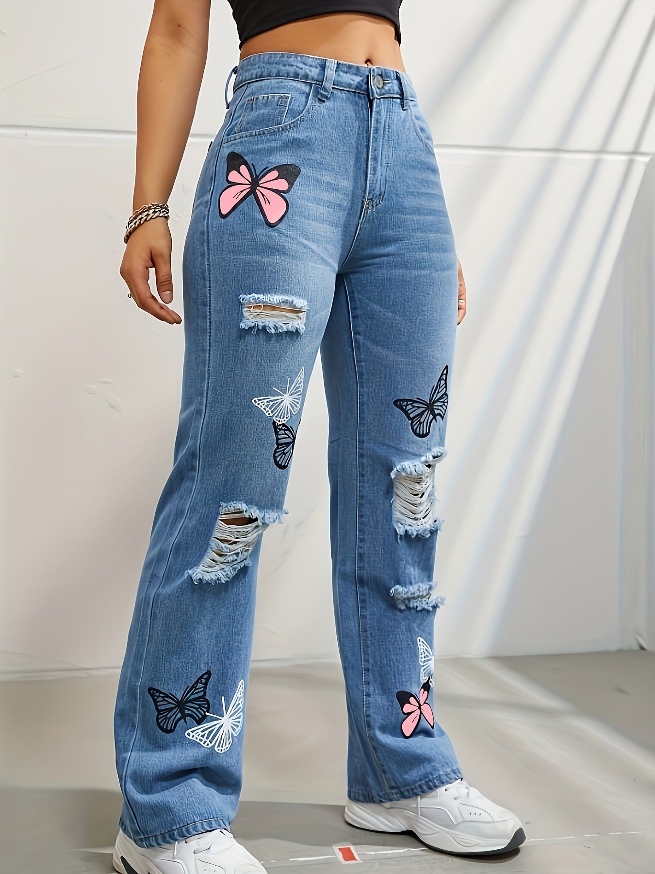 Women Trendy Butterfly Print Ripped Distressed Denim Pants