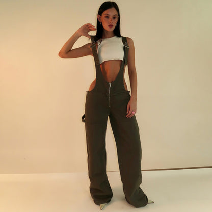 Pockets Fashion Loose Jumpsuit Streetwear Zipper Jeans Pants Womens Clothing