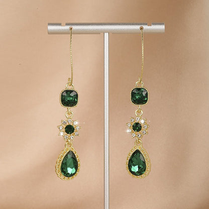 green long water droplet fringe earrings