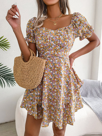 Women Mini Dress Temperament Big Swing Loose Hem Flower Print Shirring DressWomen Mini Dress Temperament Big Swing Loose Hem Flower Print Shirring DressWomen Mini Dress Temperament Big Swing Loose Hem Flower Print Shirring Dress