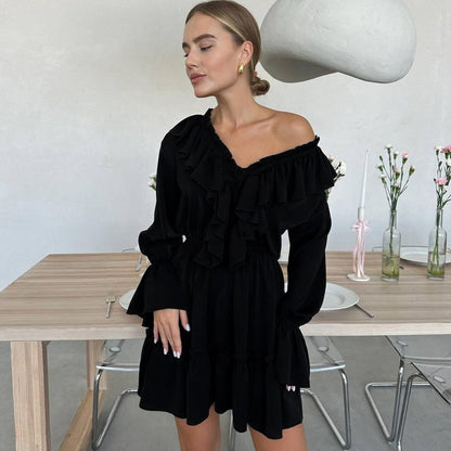 Neck Pleated Ruffle Long Sleeve Dress Y2K