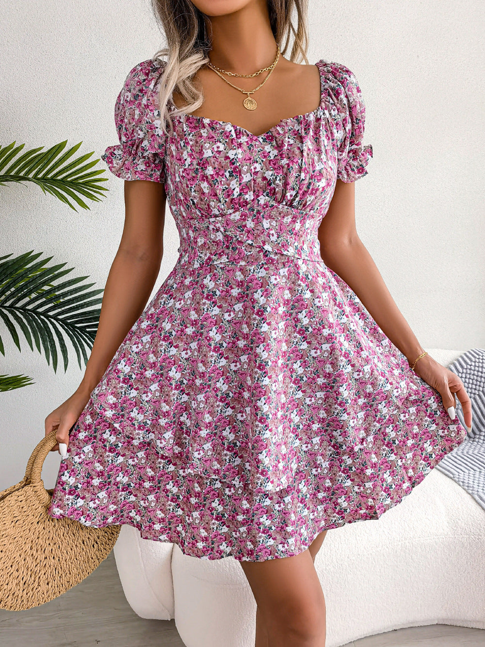 Women Mini Dress Temperament Big Swing Loose Hem Flower Print Shirring Dress