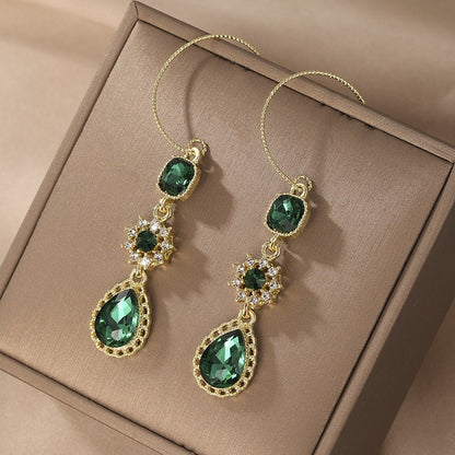 green long water droplet fringe earrings