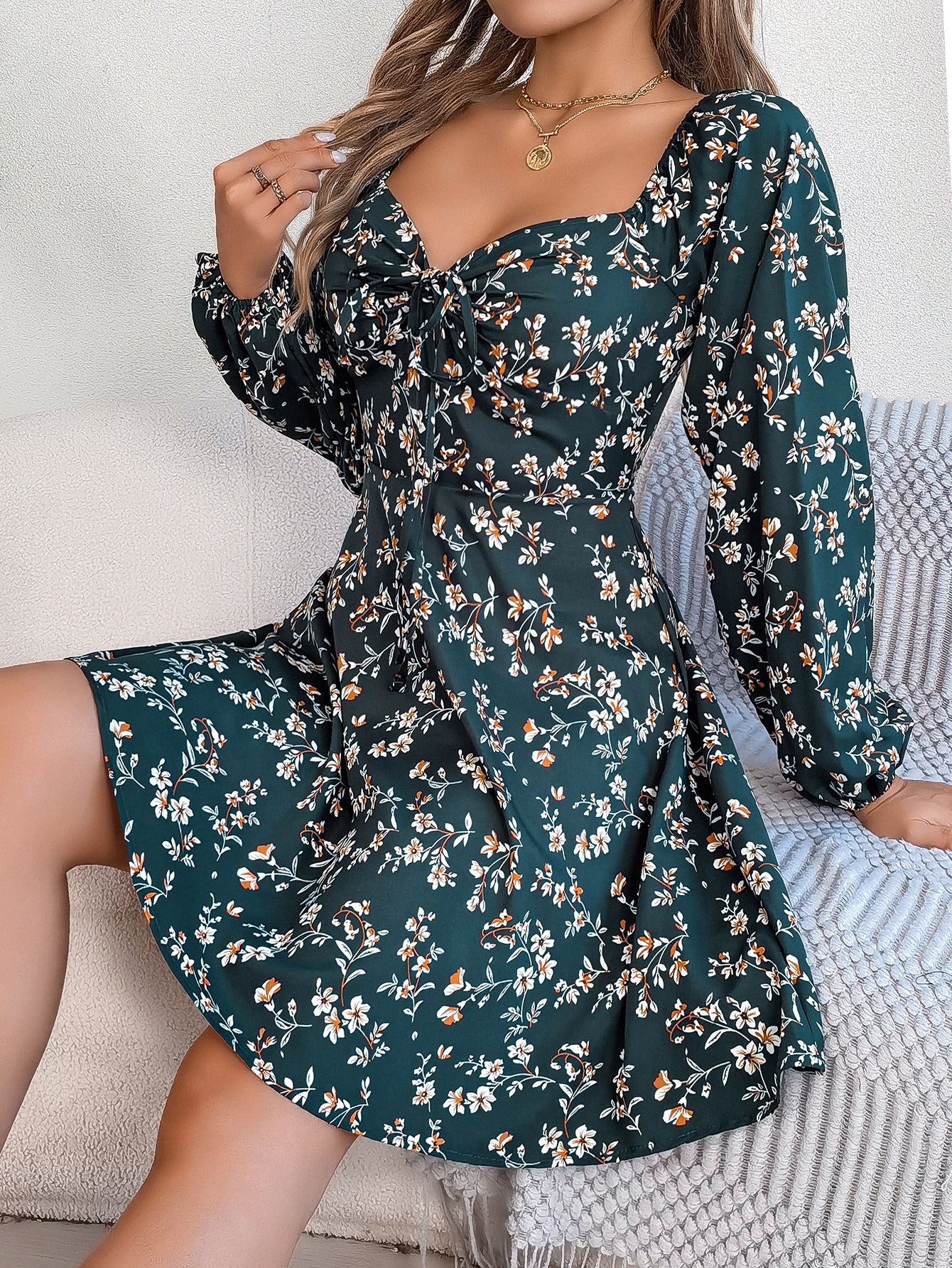 Fashion Floral Print Lantern Sleeve Dress Casual Sexy Tie Square Neck Long Sleeve