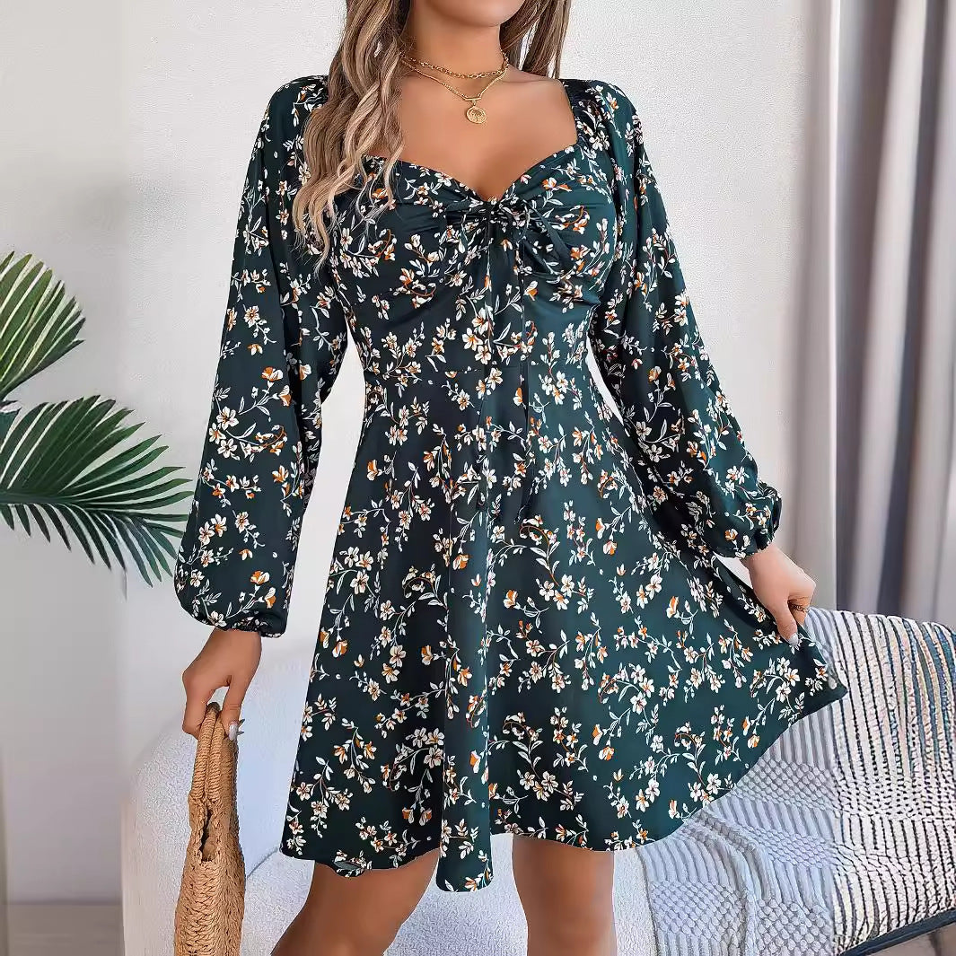 Fashion Floral Print Lantern Sleeve Dress Casual Sexy Tie Square Neck Long Sleeve