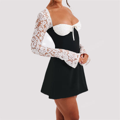 Fashion Corset Lace Long Sleeve Dress Sexy Y2K Backless Lace