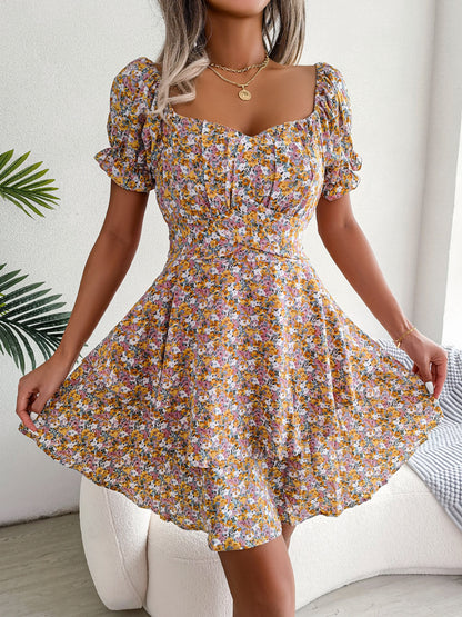 Women Mini Dress Temperament Big Swing Loose Hem Flower Print Shirring Dress