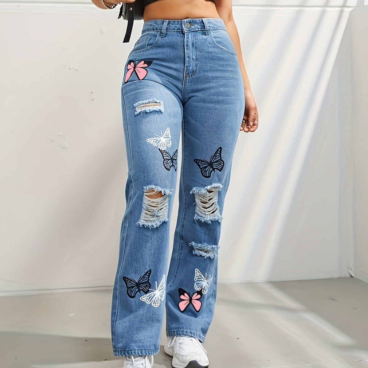 Women Trendy Butterfly Print Ripped Distressed Denim Pants