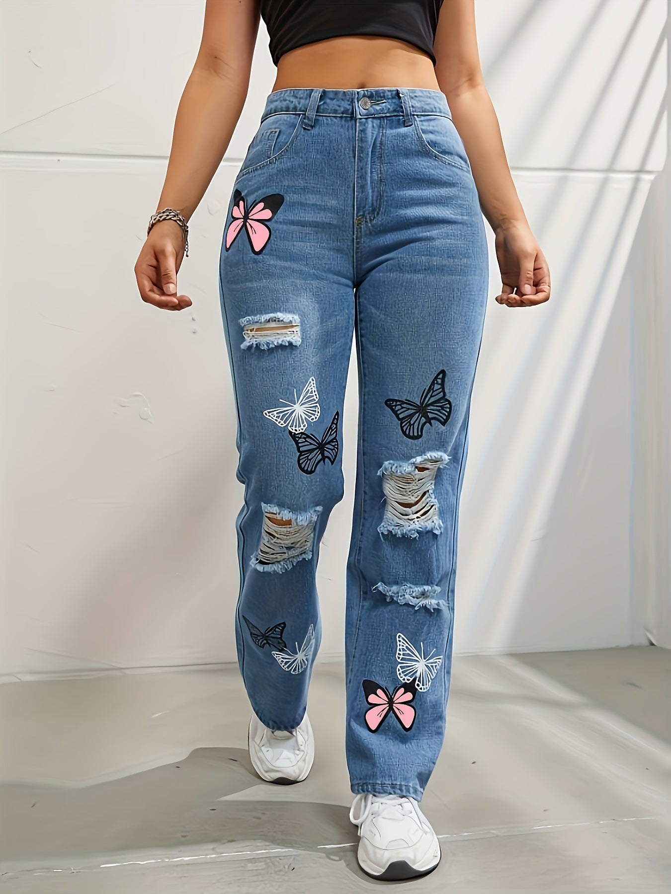 Women Trendy Butterfly Print Ripped Distressed Denim Pants