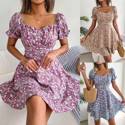 Women Mini Dress Temperament Big Swing Loose Hem Flower Print Shirring Dress