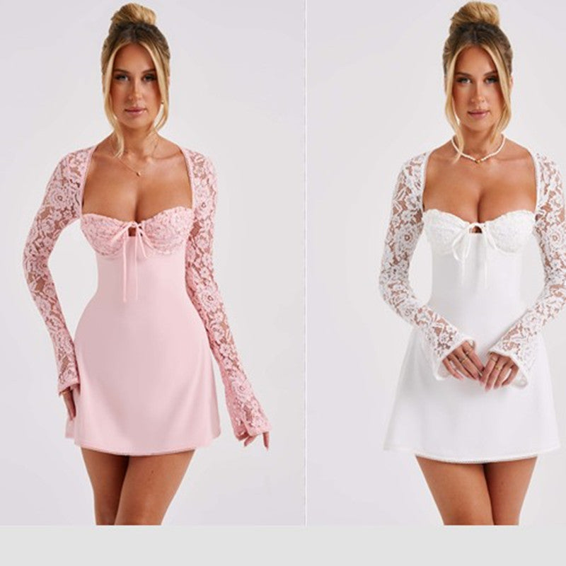 Fashion Corset Lace Long Sleeve Dress Sexy Y2K Backless Lace