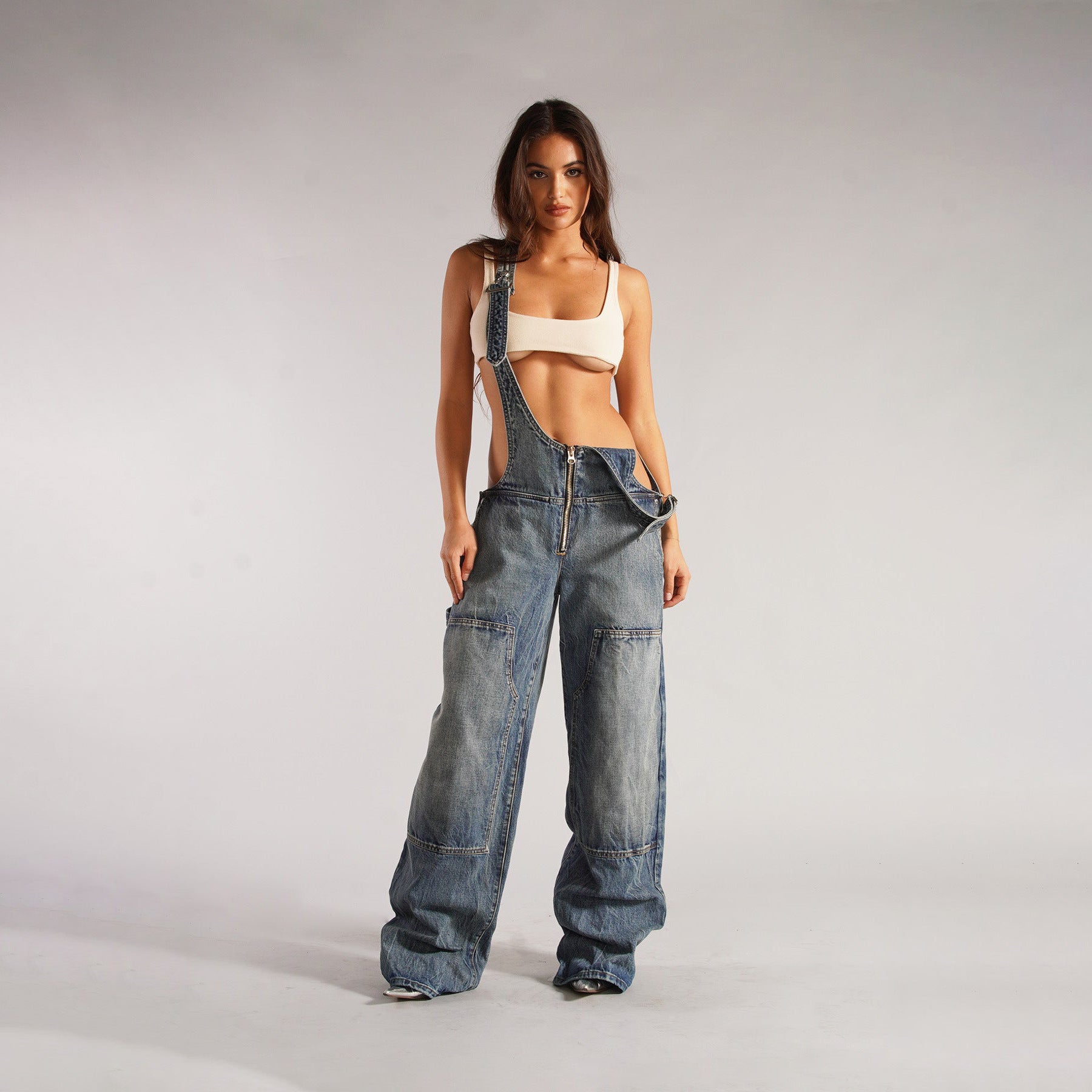 Pockets Fashion Loose Jumpsuit Streetwear Zipper Jeans Pants Womens Clothing