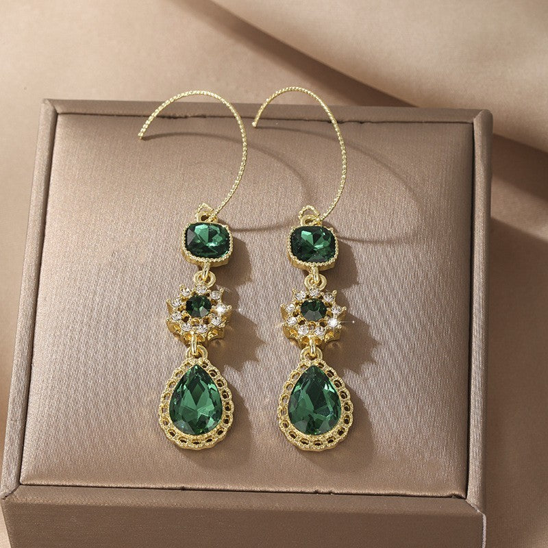 green long water droplet fringe earrings