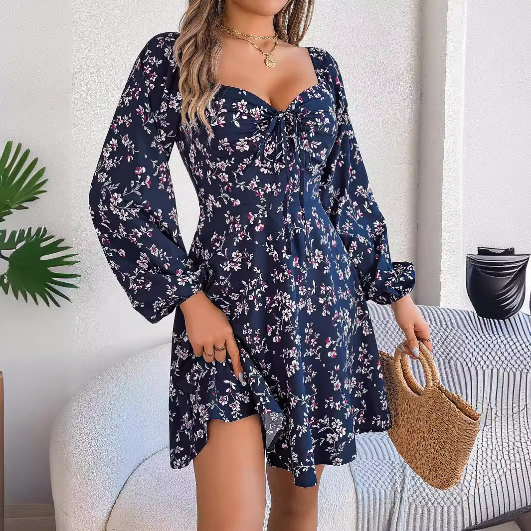 Fashion Floral Print Lantern Sleeve Dress Casual Sexy Tie Square Neck Long Sleeve