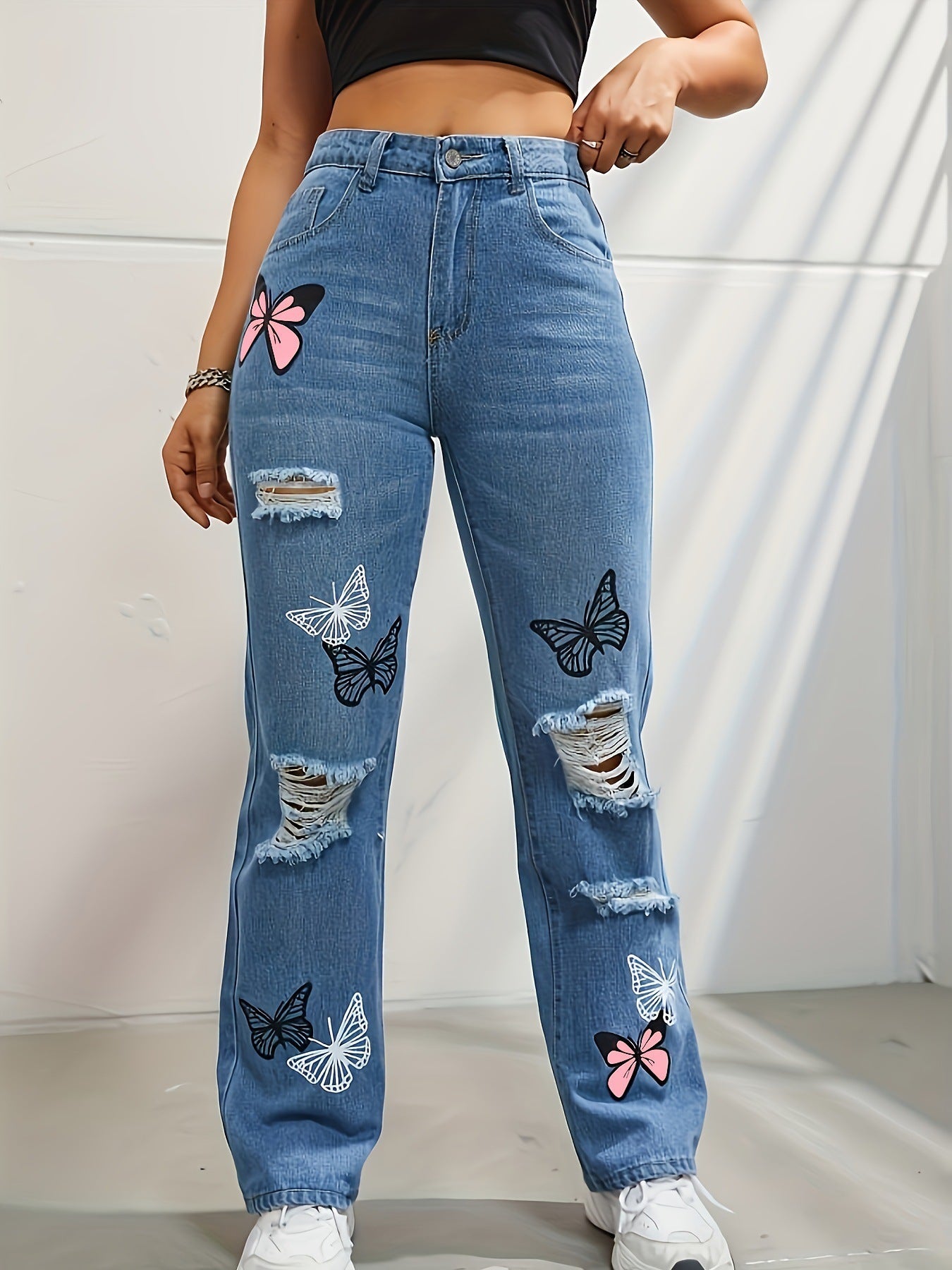 Women Trendy Butterfly Print Ripped Distressed Denim Pants