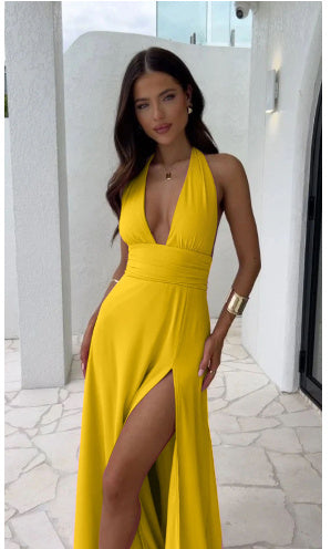 -neck Slit Dress Summer Backless Strappy Skirt Fashion Temperament Clothing Women