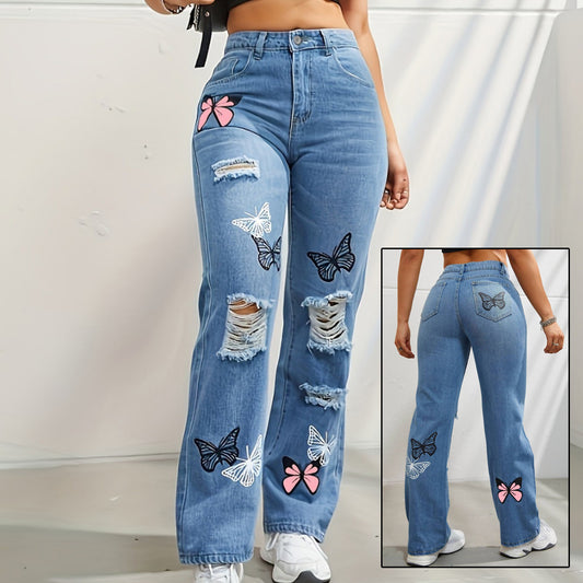 Women Trendy Butterfly Print Ripped Distressed Denim Pants